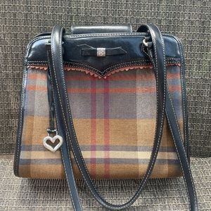 Brighton brown leather & plaid canvas vintage shoulder bag